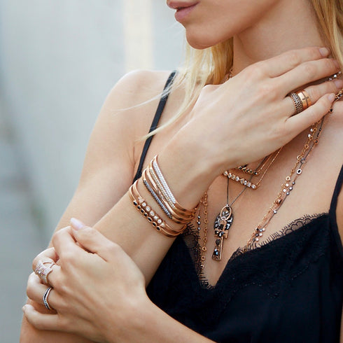 in rose gold<br>(most pieces shown available in yellow gold)<br>shop the look > contrast splendor <span class='visuallyhidden'>Call or text 323-404-2959 if you need shopping assistance.</span>